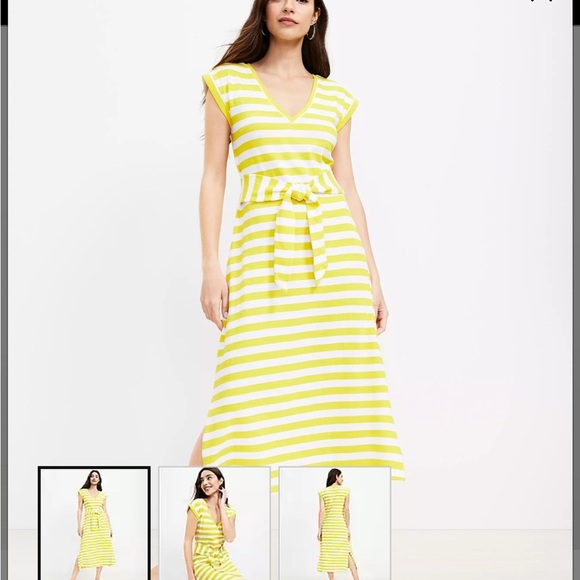 LOFT Striped Tie Waist V-Neck Yellow Midi Dress Size XS - Picture 12 of 12